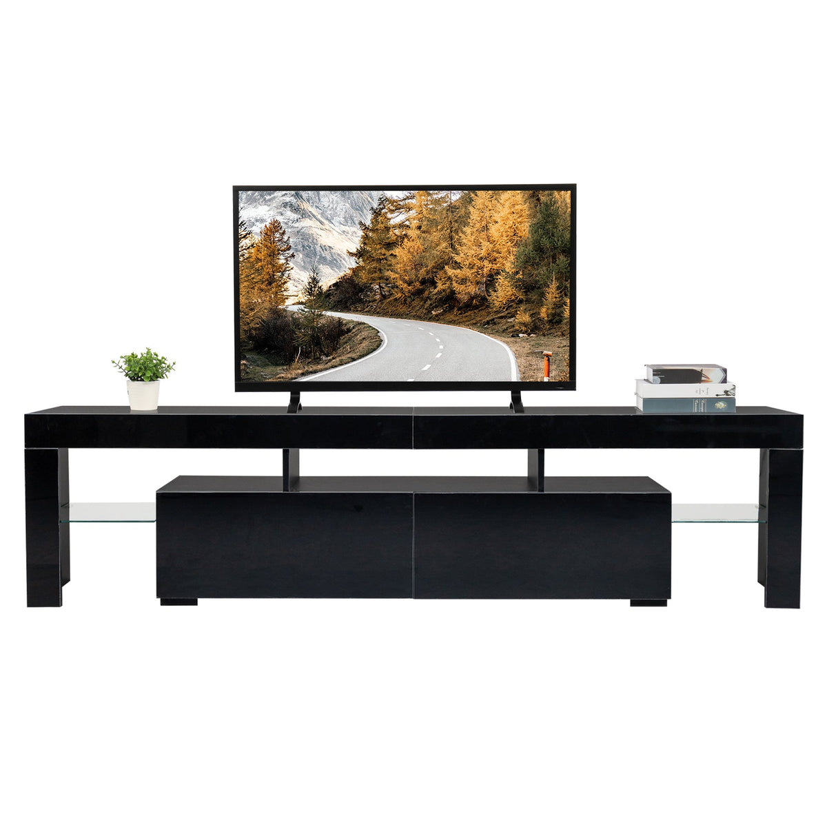 70.8 Inch Black TV Stand with RGB 16-Color LED Lights and USB Port - 2 Drawers Media Console, UV High-Gloss Density Board Top & Laminate Particle Board Cabinet, Entertainment Center for TVs Up to 75 Inches