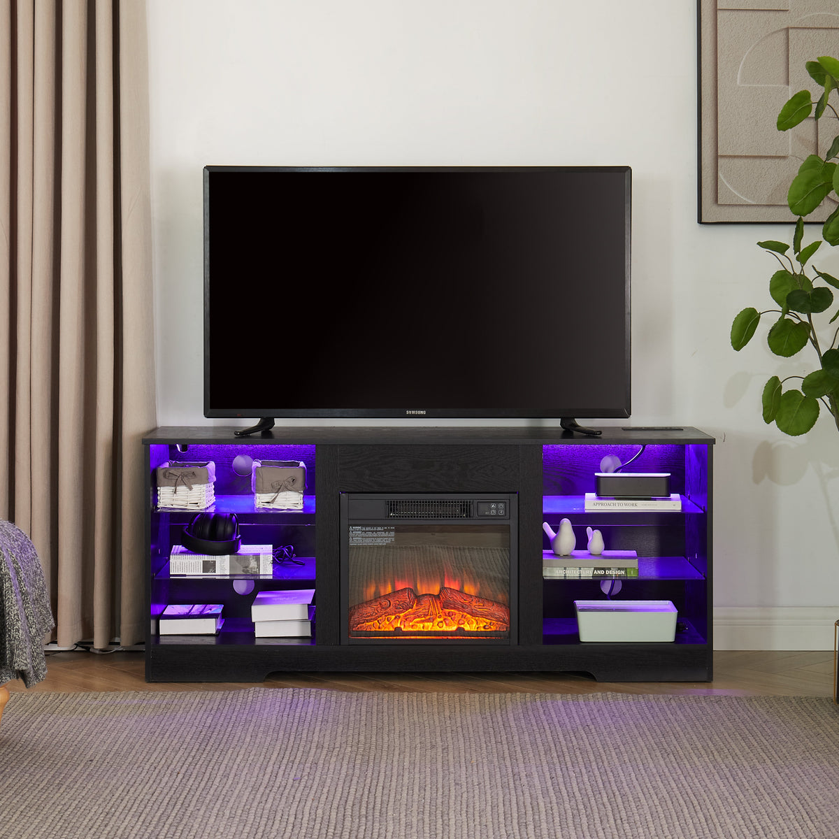 TV Stand Electric Fireplace TV Stand with Glass Shelves, 3D Fireplace TV Stand with LED Lights Wood with USB Charging Outlet Modern Television Table Center for TV up to 32-62" Black 58''W*15.4''D*24.4