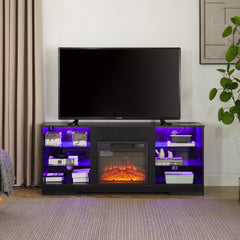 TV Stand Electric Fireplace TV Stand with Glass Shelves, 3D Fireplace TV Stand with LED Lights Wood with USB Charging Outlet Modern Television Table Center for TV up to 32-62" Black 58''W*15.4''D*24.4