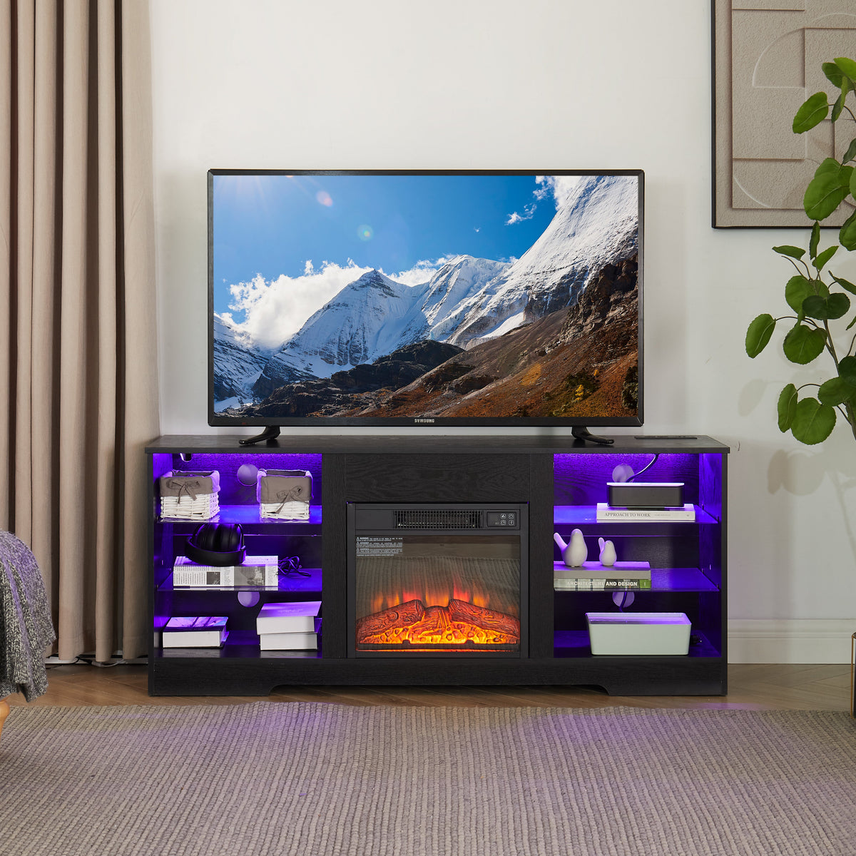 TV Stand Electric Fireplace TV Stand with Glass Shelves, 3D Fireplace TV Stand with LED Lights Wood with USB Charging Outlet Modern Television Table Center for TV up to 32-62" Black 58''W*15.4''D*24.4