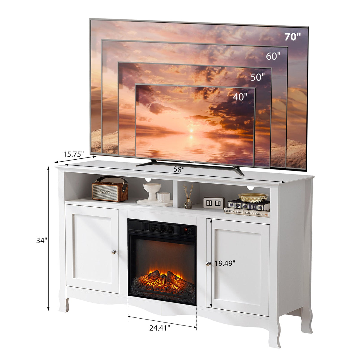 58" White French Style Fireplace TV Stand with Curved Legs for 18" Insert