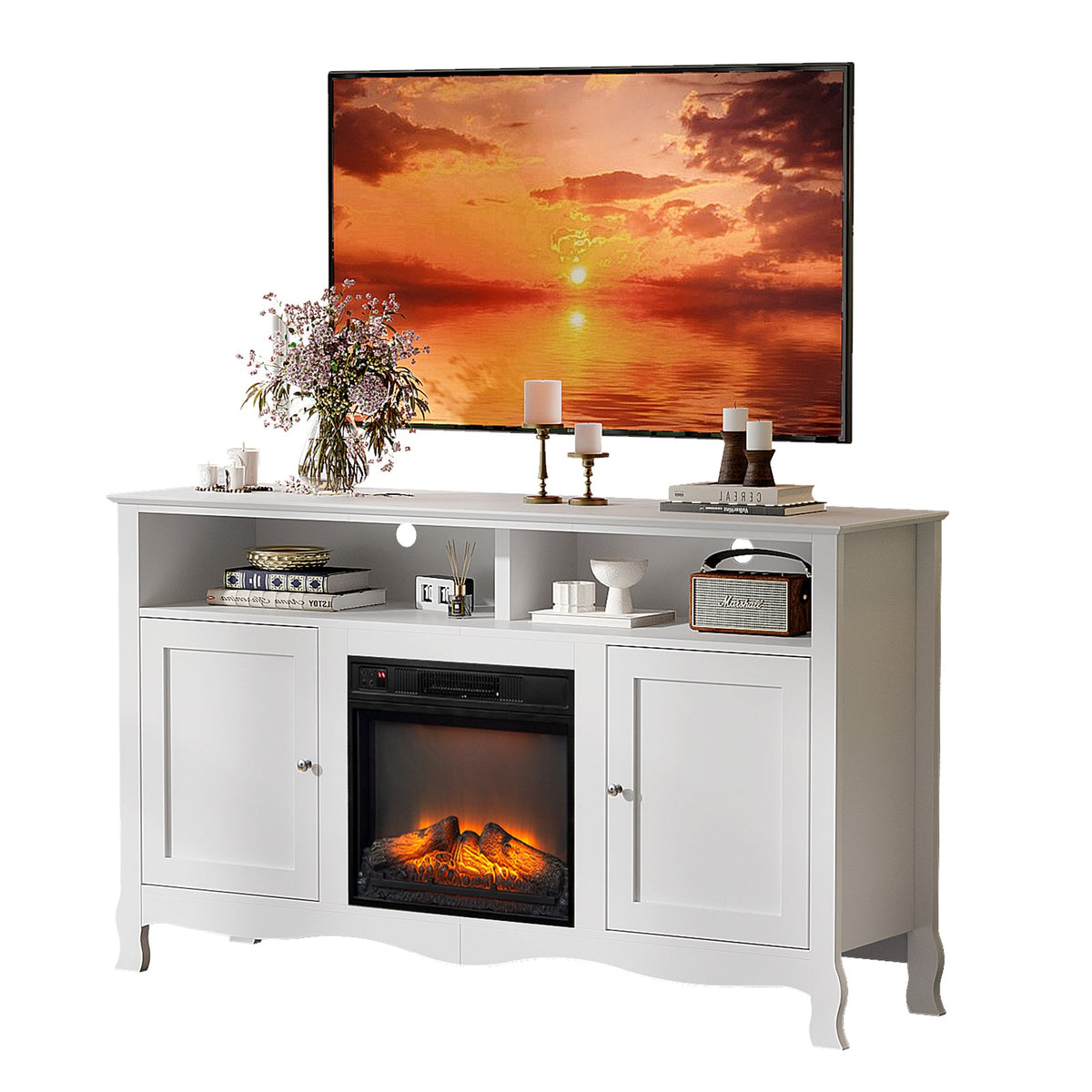 58" White French Style Fireplace TV Stand with Curved Legs for 18" Insert