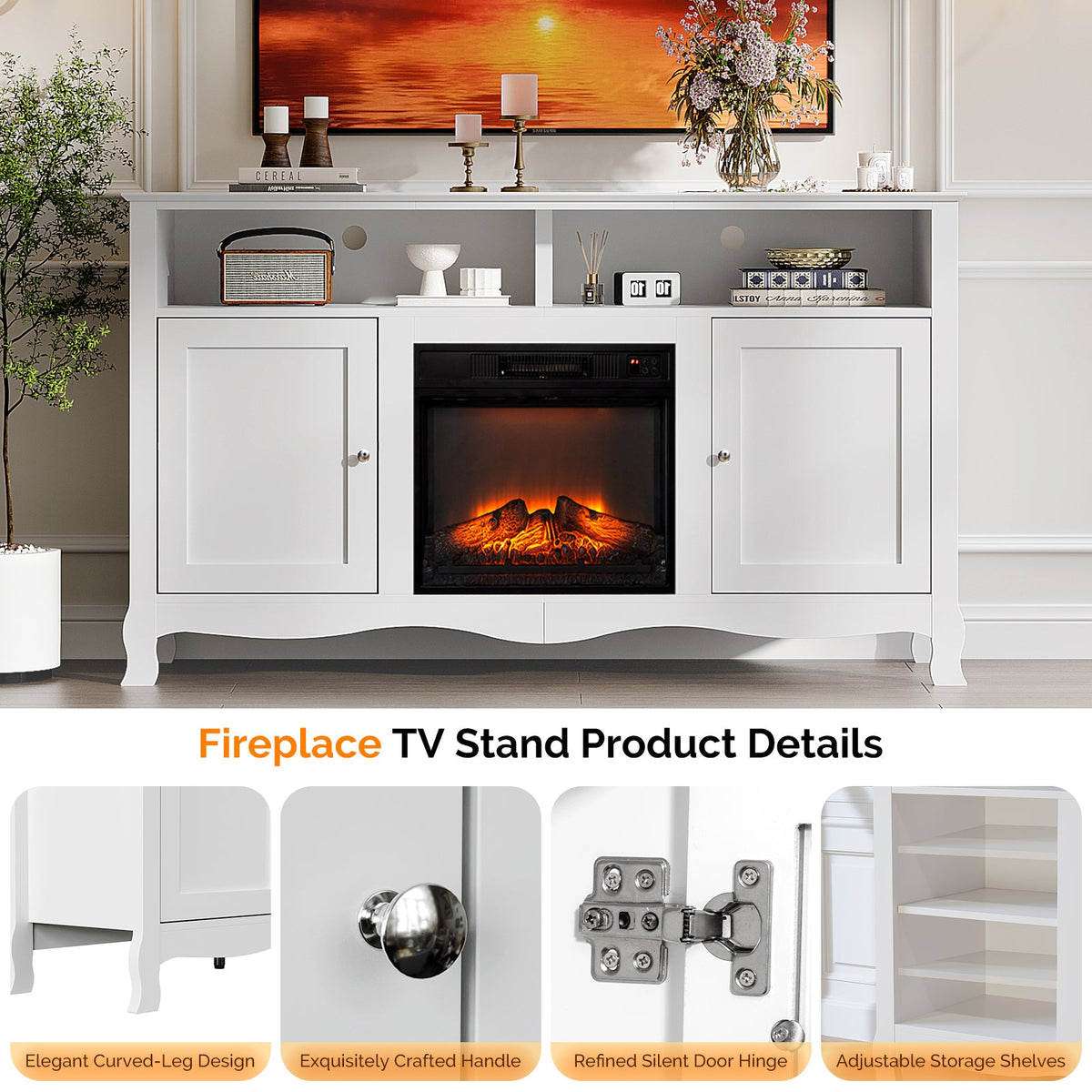 58" White French Style Fireplace TV Stand with Curved Legs for 18" Insert