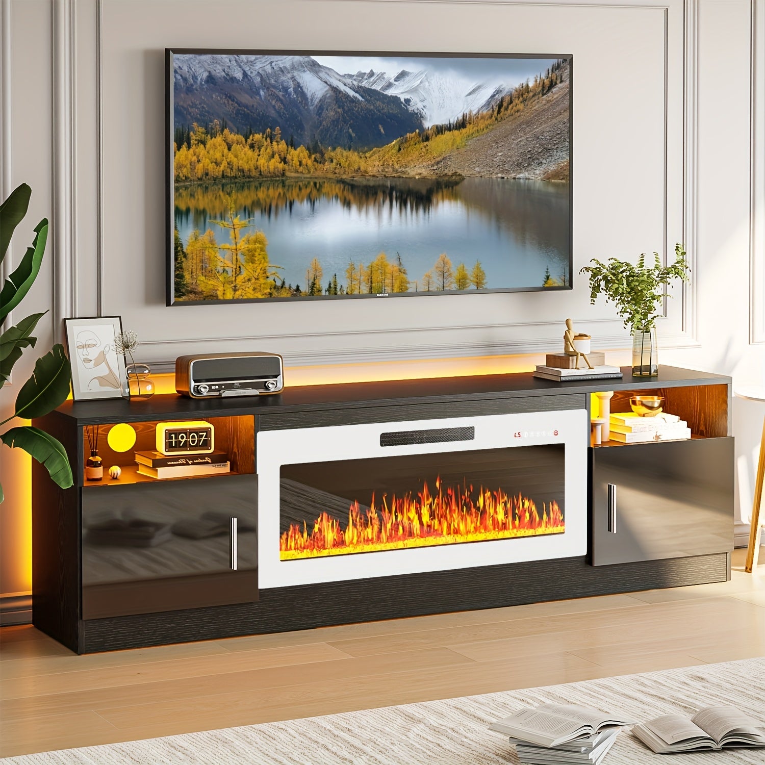 Fireplace Tv Stand with 36 Inch Fireplace Up to 80" TVs, LED Light Entertainment Center And Storage, 70" Modern Wood Media TV Console with Highlight Cabinet for Living Room