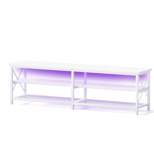 Clikuutory Modern 71 inch Metal TV Stand with LED Lights for 50 55 60 65 70 75 80 Inch TVs, 3 Tier Television Stands with Entertainment Center and Storage for Living Room, Bedroom, White