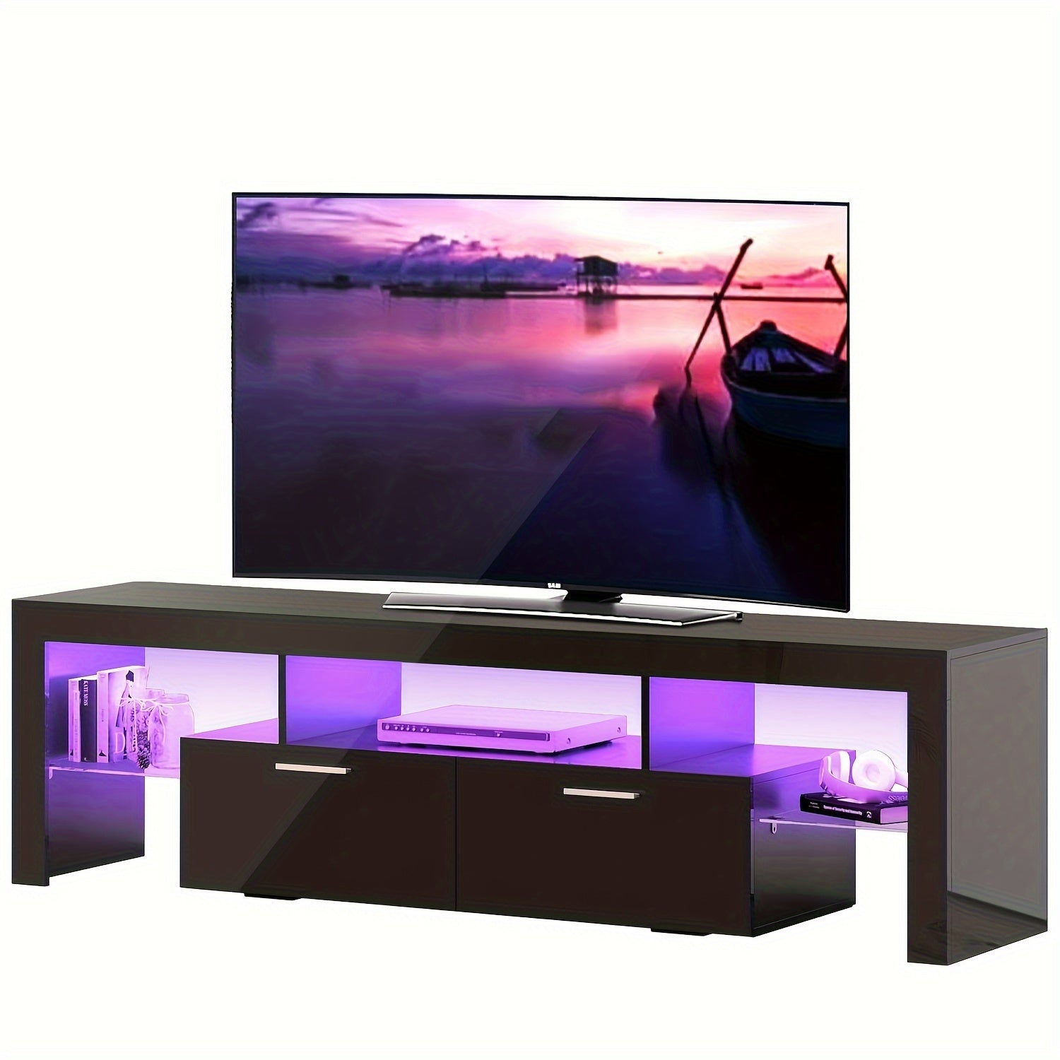 Contemporary LED TV Stand Measuring 63''/71'' Suitable for 55/65/75/80 Inch Televisions, Featuring a High Gloss End. This Media Console Table Serves As an Entertainment Center with Storage Drawers, Perfect for Your Living Room, Game Room