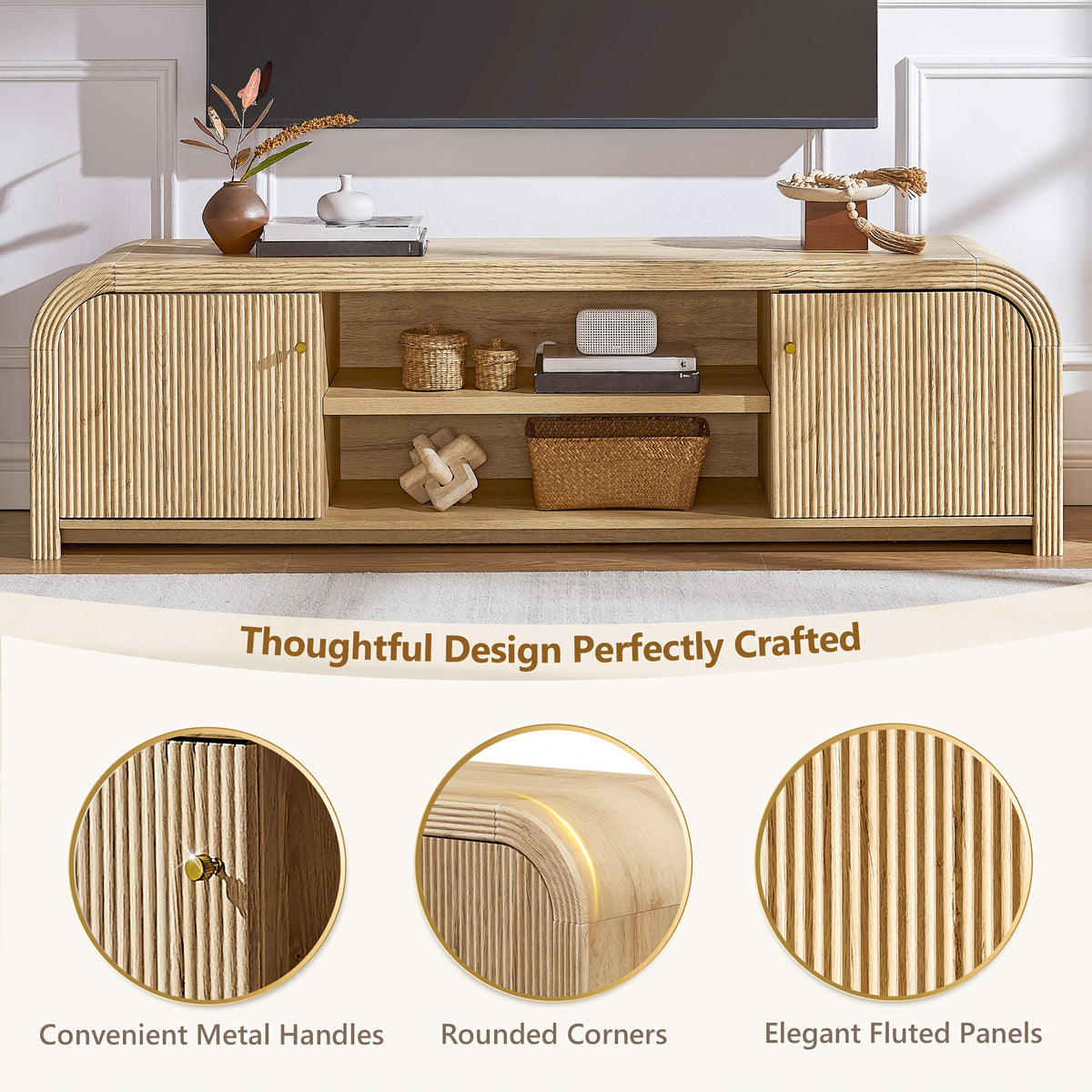 70" Fluted Rounded TV Stand for Tvs Up to 80", Curved Wooden Media Console with Soft Close Cabinet Doors & Adjustable Storage Shelves, Modern Farmhouse Entertainment Center for Living Room