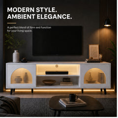 Modern White TV Stand with LED Ambient Light, Arched Fluted Glass Doors, Media Console with Open Shelves And Cable Management Hole, 330Lbs Capacity Fits 70 Inch TV for Living Room Bedroom