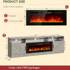 70" Fireplace TV Stand for TVs Up to 80", LED Light Entertainment Center with 36" Fireplace, Which Comes with Twelve Colors Of Backlight, Storage Cabinet, Media Console Table for Living Room (Gray -Black)