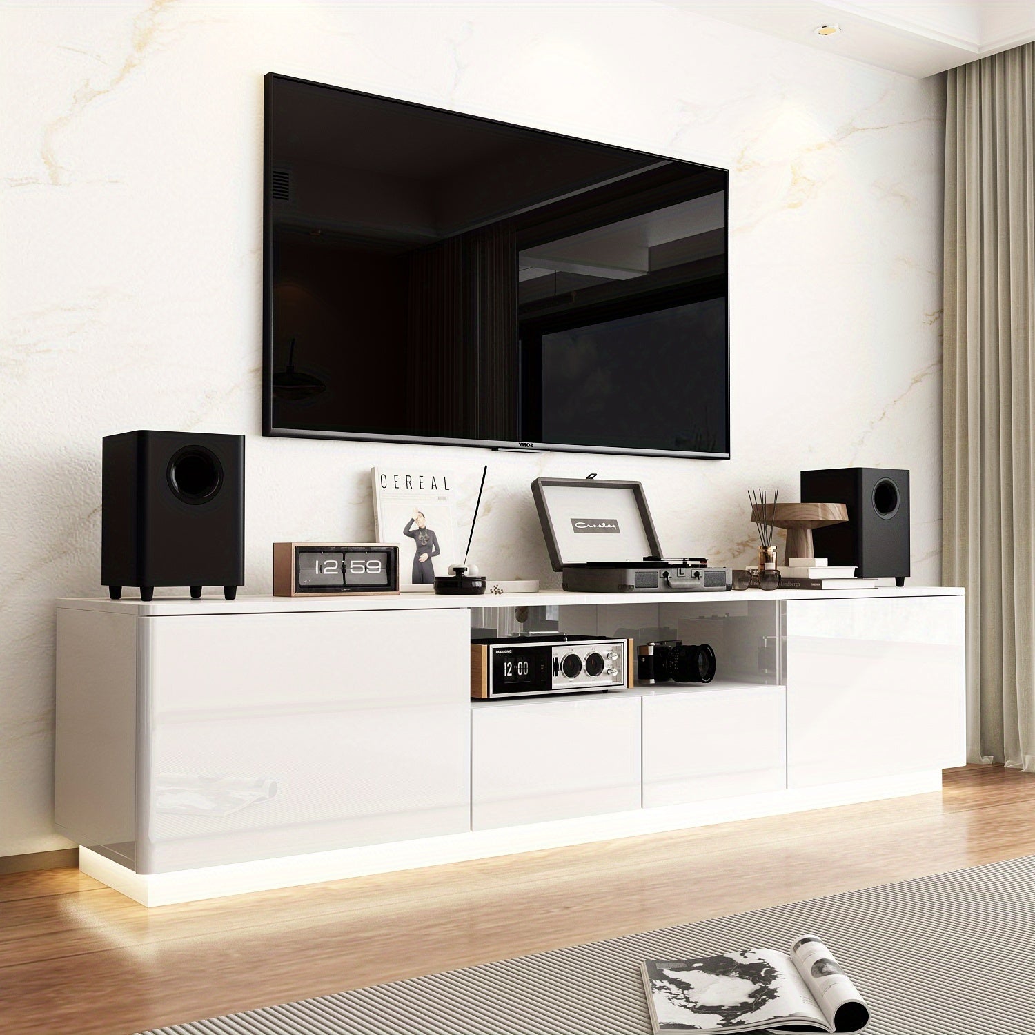 Modern LED TV Stand Measuring 70.8 Inches Wide, Suitable for Televisions Up to 75 Inches. This Media Console Features Four Drawers And a Glossy End, Designed As an Entertainment Center with Open Shelving, Perfect for Living Rooms Or Bedrooms