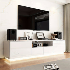 Modern LED TV Stand Measuring 70.8 Inches Wide, Suitable for Televisions Up to 75 Inches. This Media Console Features Four Drawers And a Glossy End, Designed As an Entertainment Center with Open Shelving, Perfect for Living Rooms Or Bedrooms