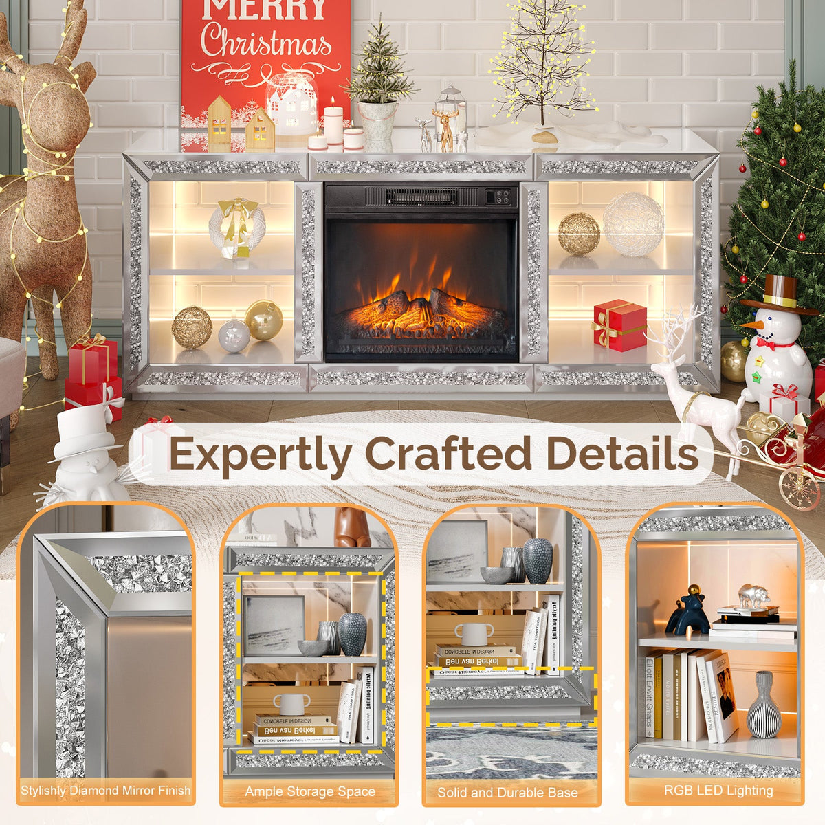 Silver Mirror Modern TV Stand with 18 Inch Fireplace Insert & Storage Shelves, Medium Density Fiberboard Fireplace TV Console for Living Room, 143 x 35 x 62 cm