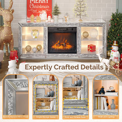 Silver Mirror Modern TV Stand with 18 Inch Fireplace Insert & Storage Shelves, Medium Density Fiberboard Fireplace TV Console for Living Room, 143 x 35 x 62 cm