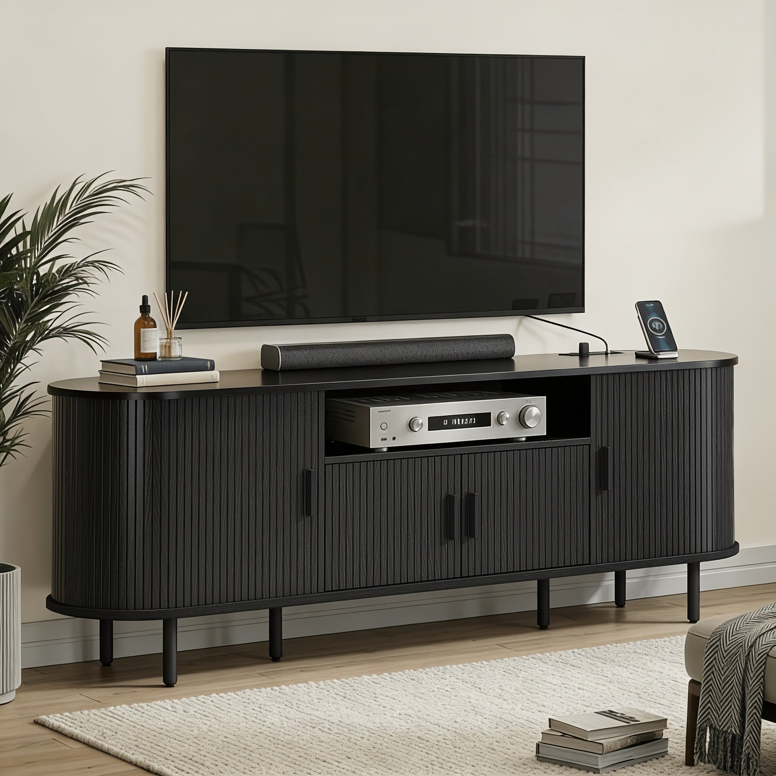 Modern 69" TV Stand with Sliding Door Storage Cabinet & Power Outlet - Entertainment Center Suitable for TVs Up to 80", Adjustable Shelves, Plug, Assembly Required for Media Room, Theater, Furniture