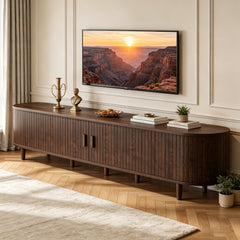 Mid-Century Modern TV Stand, Media Cabinet with Power Outlet And Sliding Door, Entertainment Center with Fluted, TV Console with Adjustable Shelf for Living Room, Bedroom (Walnut)