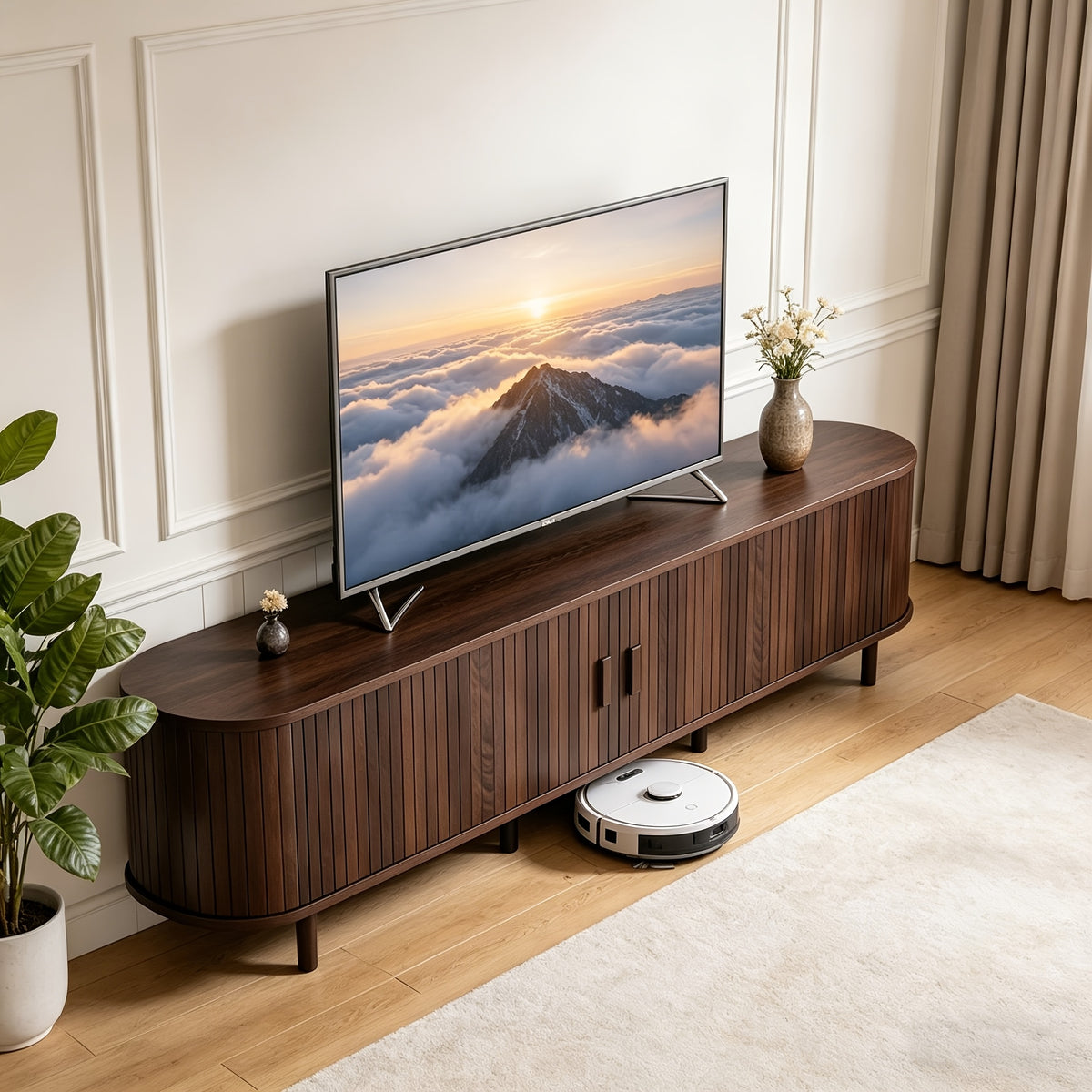 Mid-Century Modern TV Stand, Media Cabinet with Power Outlet And Sliding Door, Entertainment Center with Fluted, TV Console with Adjustable Shelf for Living Room, Bedroom (Walnut)