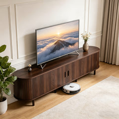 Mid-Century Modern TV Stand, Media Cabinet with Power Outlet And Sliding Door, Entertainment Center with Fluted, TV Console with Adjustable Shelf for Living Room, Bedroom (Walnut)