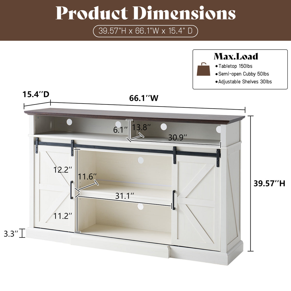 66" Farmhouse TV Stand for 75" TVs, 40" Tall Entertainment Center with Sliding Barn Doors, Rustic Media Console with Adjustable Shelves & Storage for Living Room