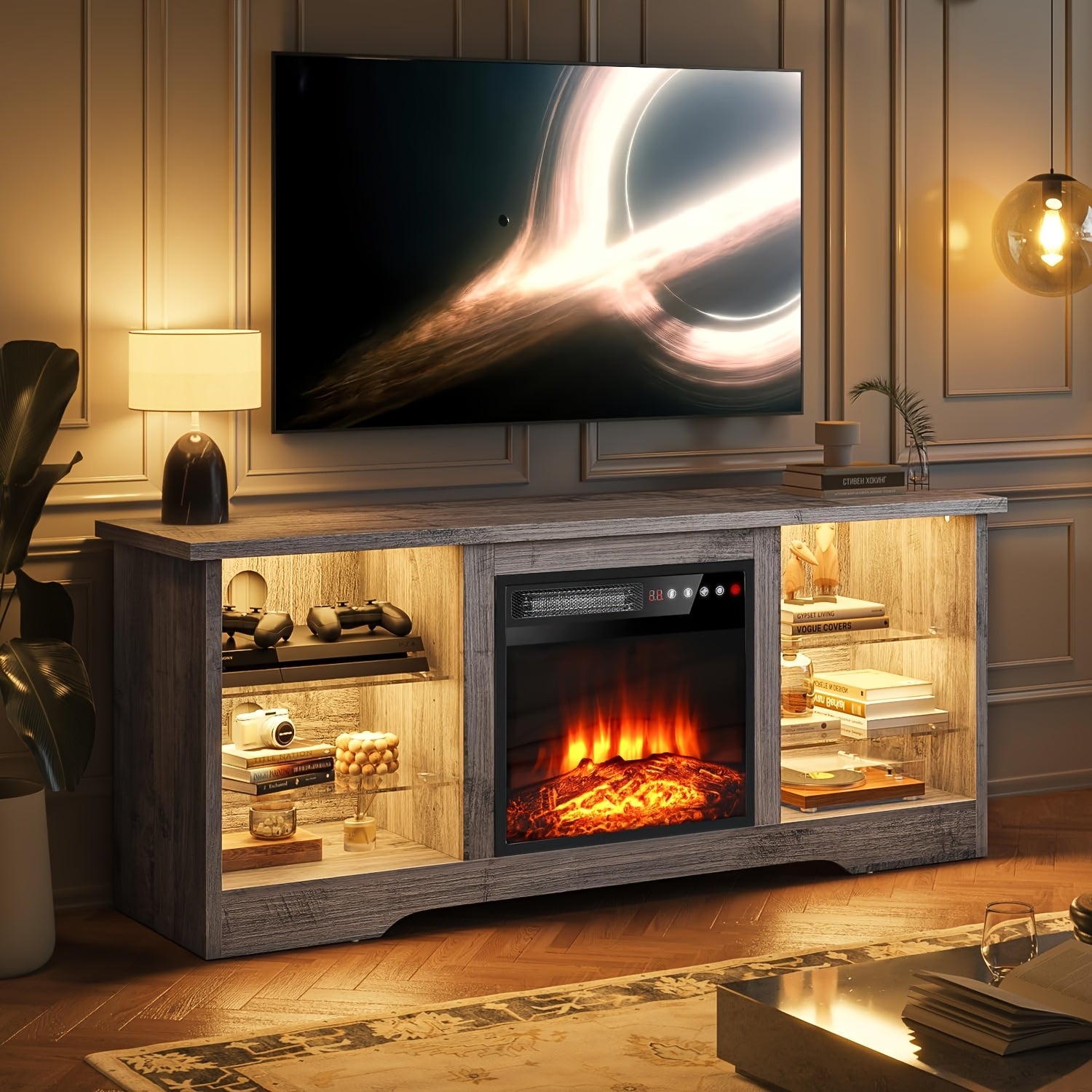 Fireplace TV Stand with 18" Fireplace Up to 65" TVs, 58" Entertainment Center with LED Lights, TV Media Console with Adjustable Glass Shelves And Storage Cabinets for Living Room