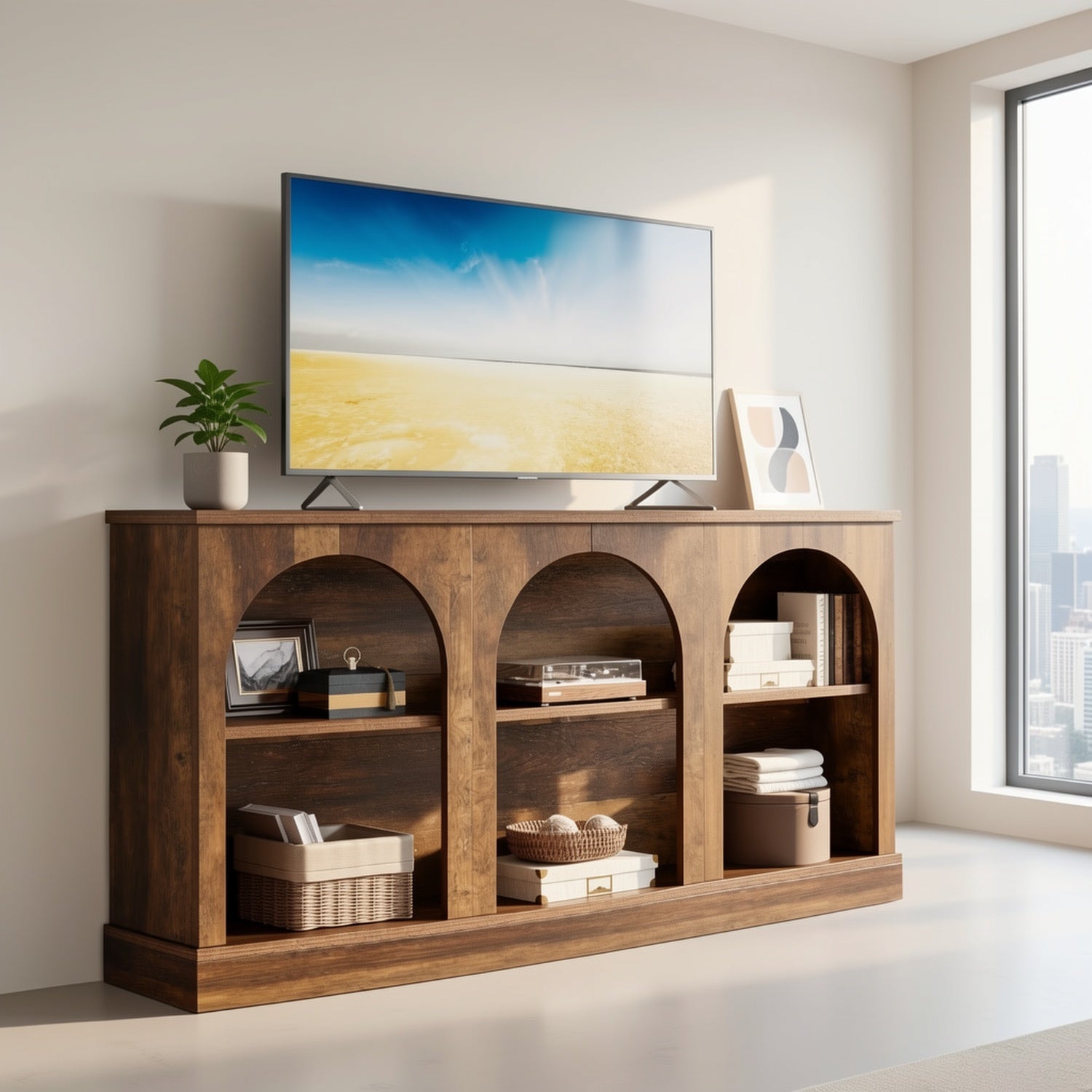 TV Consoles For Living Room, Television Stand For 55/60/65 Inch TV, Farmhouse Media Entertainment Center Stand With Storage Cabinets, Rustic Brown