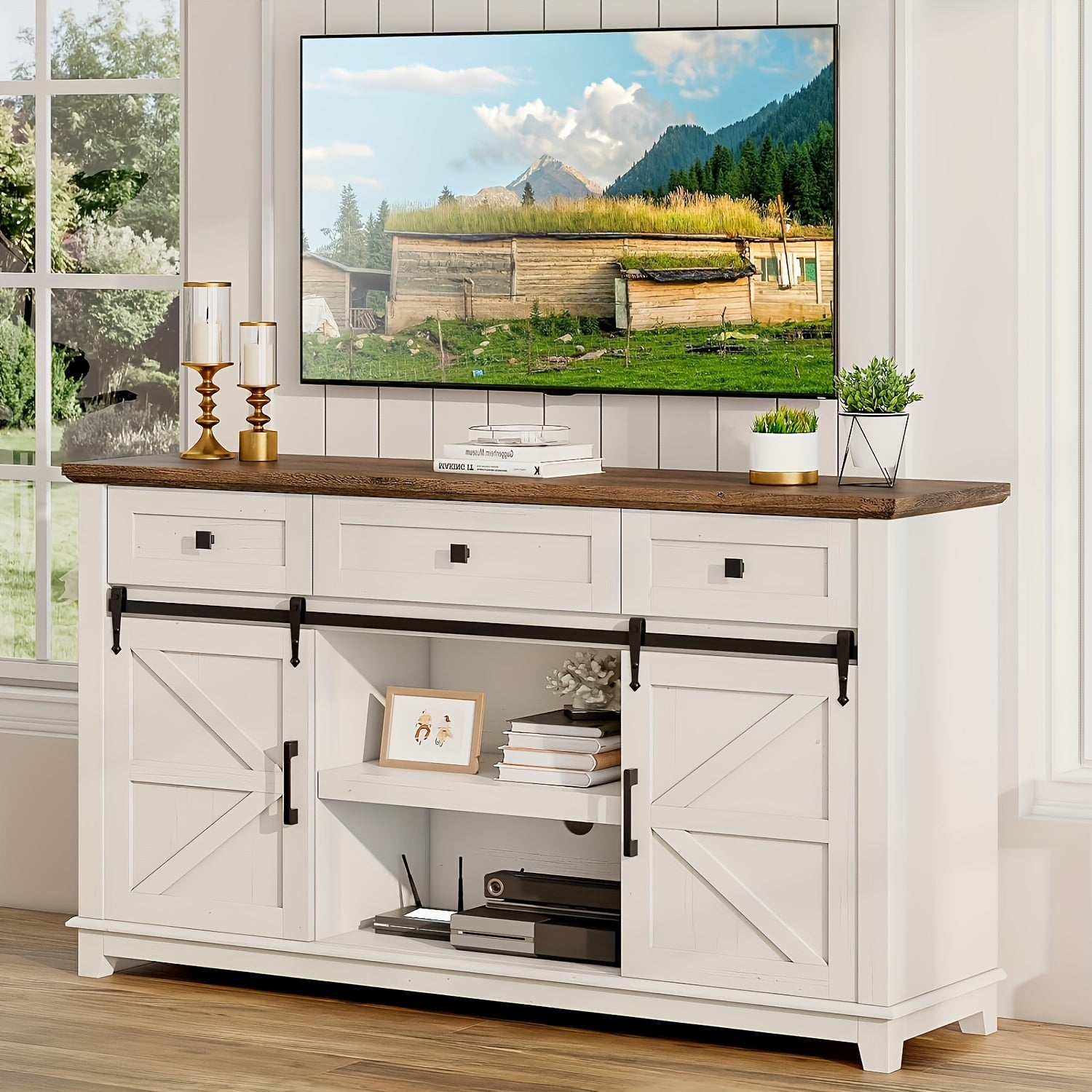 Farmhouse TV Stand with Sliding Barn Door & Drawer, 59" Rustic Entertainment Center for TVs up to 65", Buffet Storage Cabinet for Living Room, Bedroom, Dining Room, Barnwood+White
