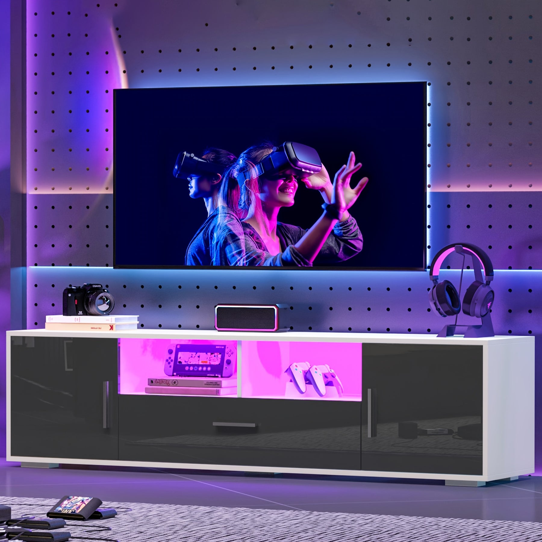 High Gloss LED TV Stand for 55/65/75 Inch TV, Modern 75 Inch TV Console Table, Mirrored Entertainment Center with Storage Drawers And Lights for Living Room Gaming Room And Bedroom, White Or Gray