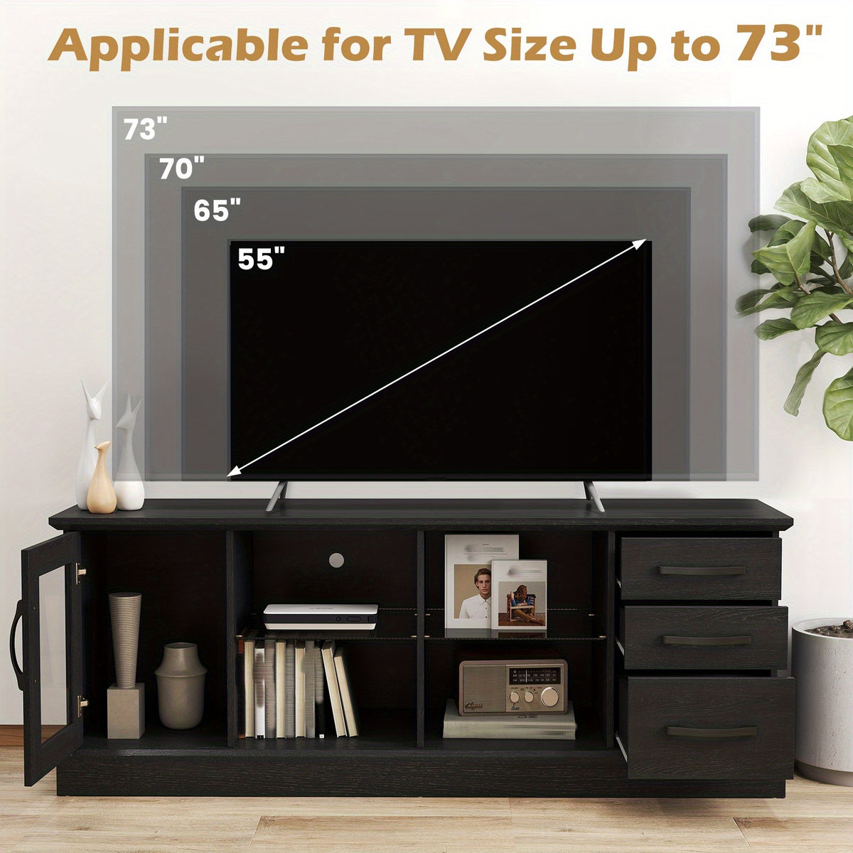 LIFEZEAL Extra Large TV Stand for 73-Inch TVs, 63" Wide Media Console with Heavy-Duty MDF Construction, 550 lb Weight Capacity, Modern Entertainment Center with 3 Drawers & 2 Glass Shelves, Cable Management System, Black/Finishes Available - Living Room,
