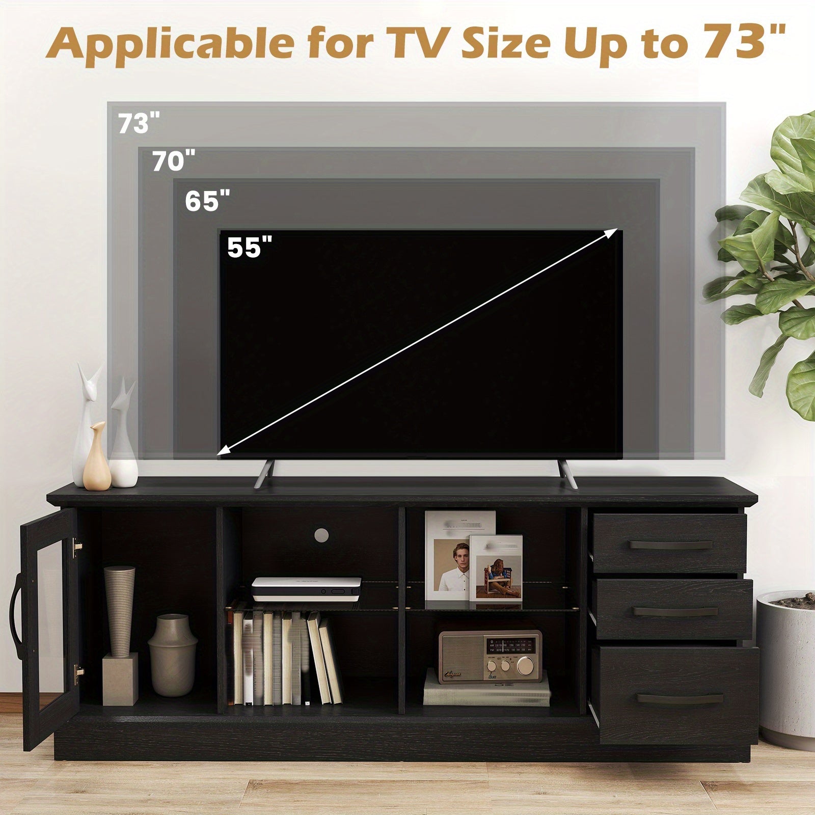 LIFEZEAL Extra Large TV Stand for 73-Inch TVs, 63" Wide Media Console with Heavy-Duty MDF Construction, 550 lb Weight Capacity, Modern Entertainment Center with 3 Drawers & 2 Glass Shelves, Cable Management System, Black/Finishes Available - Living Room,