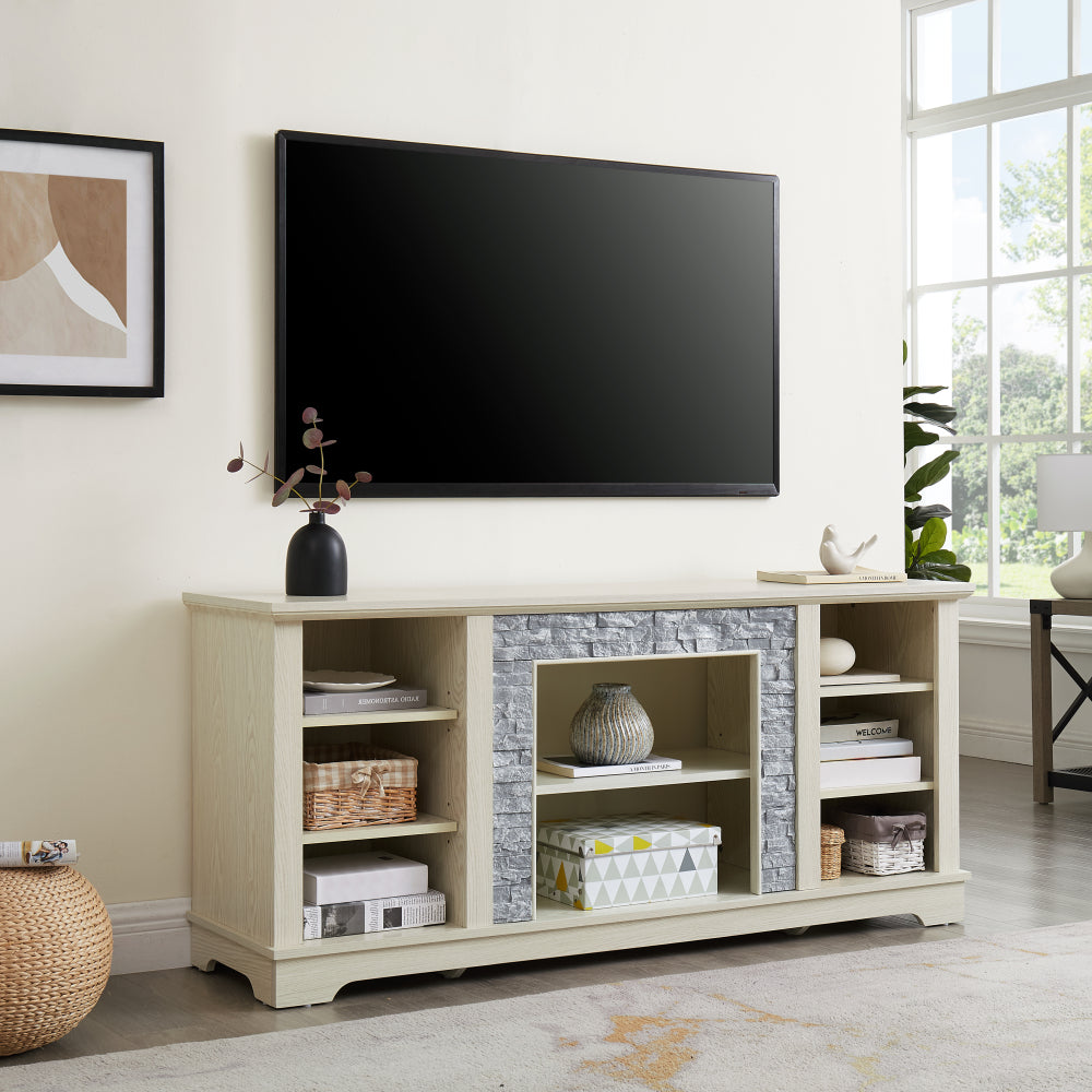 58.3' Modern TV Stand with Realistic Stacked Stone Surround, Entertainment Center with Storage Space, Modern TV Console Table for TVs Up to 65', Rack for Living Room