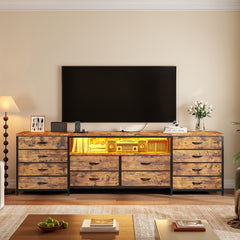 [12 PCS] 63"W Modern TV Stand Dresser with LED Lights & Power Outlets, for Up to 70 Inch TVs, Fabric Chest Of 12 Drawers, Entertainment Center for Bedroom, Living Room, Hallway, Black, Brown