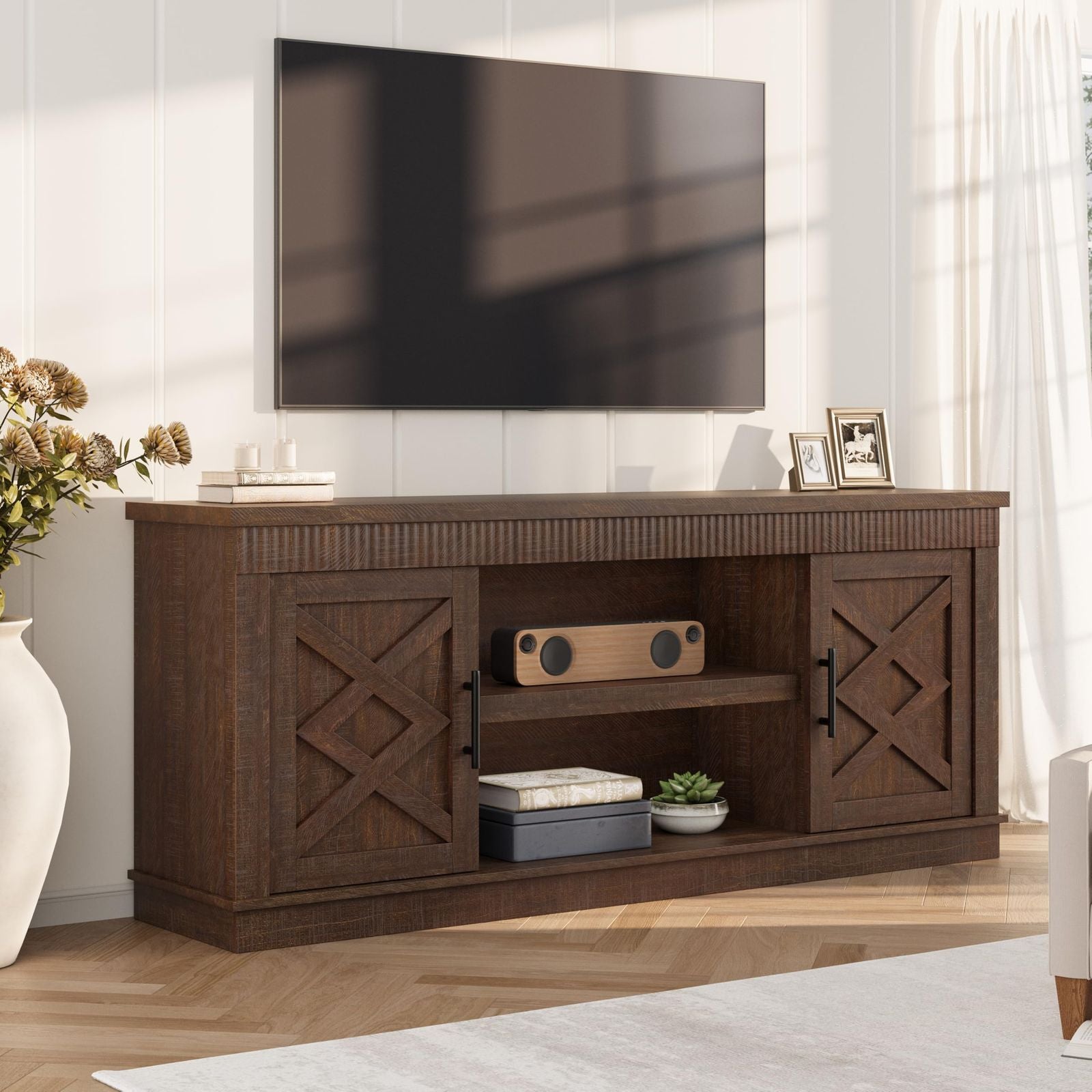 Farmhouse TV Stand for 65-70 Inch TVs | 65-Inch Long Entertainment Center with 2 Doors & Open Storage Shelf, Rustic Fluted Hardwood Television Console, GAOMON Brand for Living Room, Bedroom