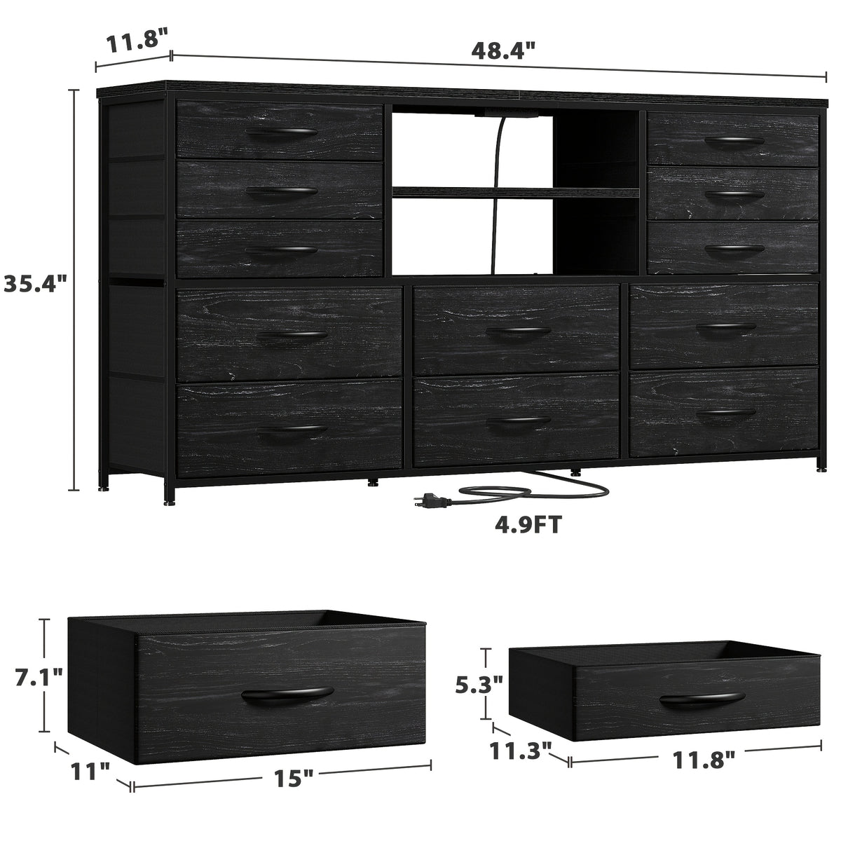 TV Stand Dresser for 60''TV Entertainment Center with LED Lights & Power Outlet 12 Drawers Dresser for Bedroom Black Dresser TV Console Table Living Room, 49.2''W*11.8''D*35.4''H