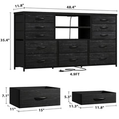 TV Stand Dresser for 60''TV Entertainment Center with LED Lights & Power Outlet 12 Drawers Dresser for Bedroom Black Dresser TV Console Table Living Room, 49.2''W*11.8''D*35.4''H