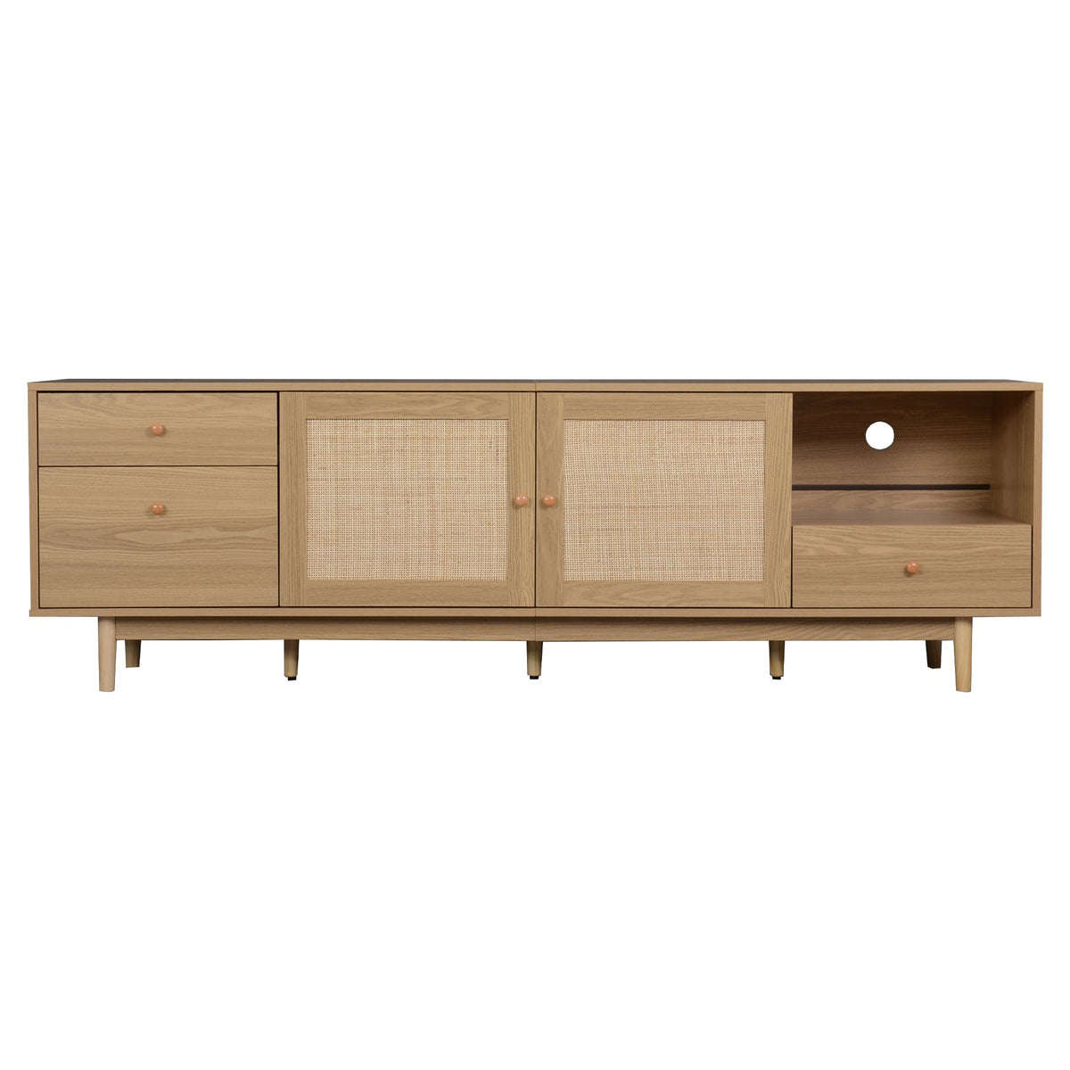 Boho TV Stand for 65, 75, 85 Inch TV, Entertainment Center with Open Storage and Drawers, Modern Wood Media TV Console with Real Rattan