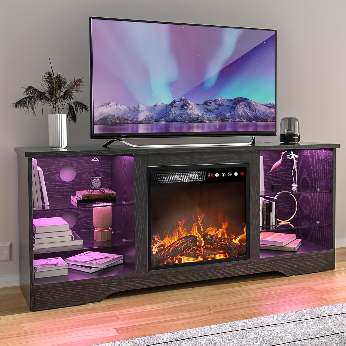Fireplace TV Stand with 18''Fireplace, Modern Entertainment Center for TVs up to 65 inch, Media TV Console with Adjustable Glass Shelves and Storage Cabinets, Farmhouse TV Stand