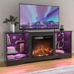 Fireplace TV Stand with 18''Fireplace, Modern Entertainment Center for TVs up to 65 inch, Media TV Console with Adjustable Glass Shelves and Storage Cabinets, Farmhouse TV Stand