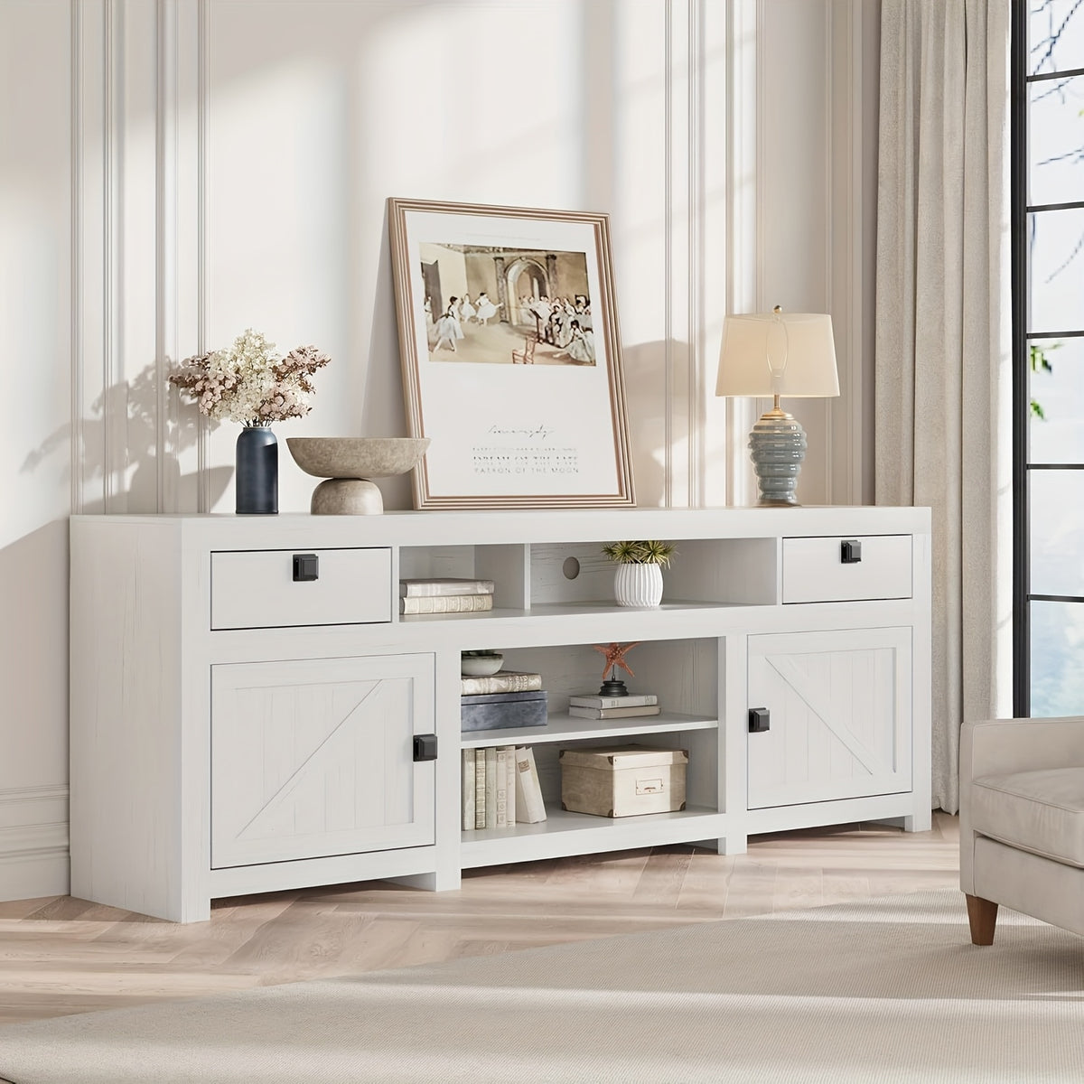 70. 1 Inch TV Stand with Doors And Drawers for TVs Under 80 Inch, Modern Entertainment Center, TV Media Cabinet, Multi-Function Organizer with Open Storage Space for Living Room, Bedroom (Antique White/ Gray)