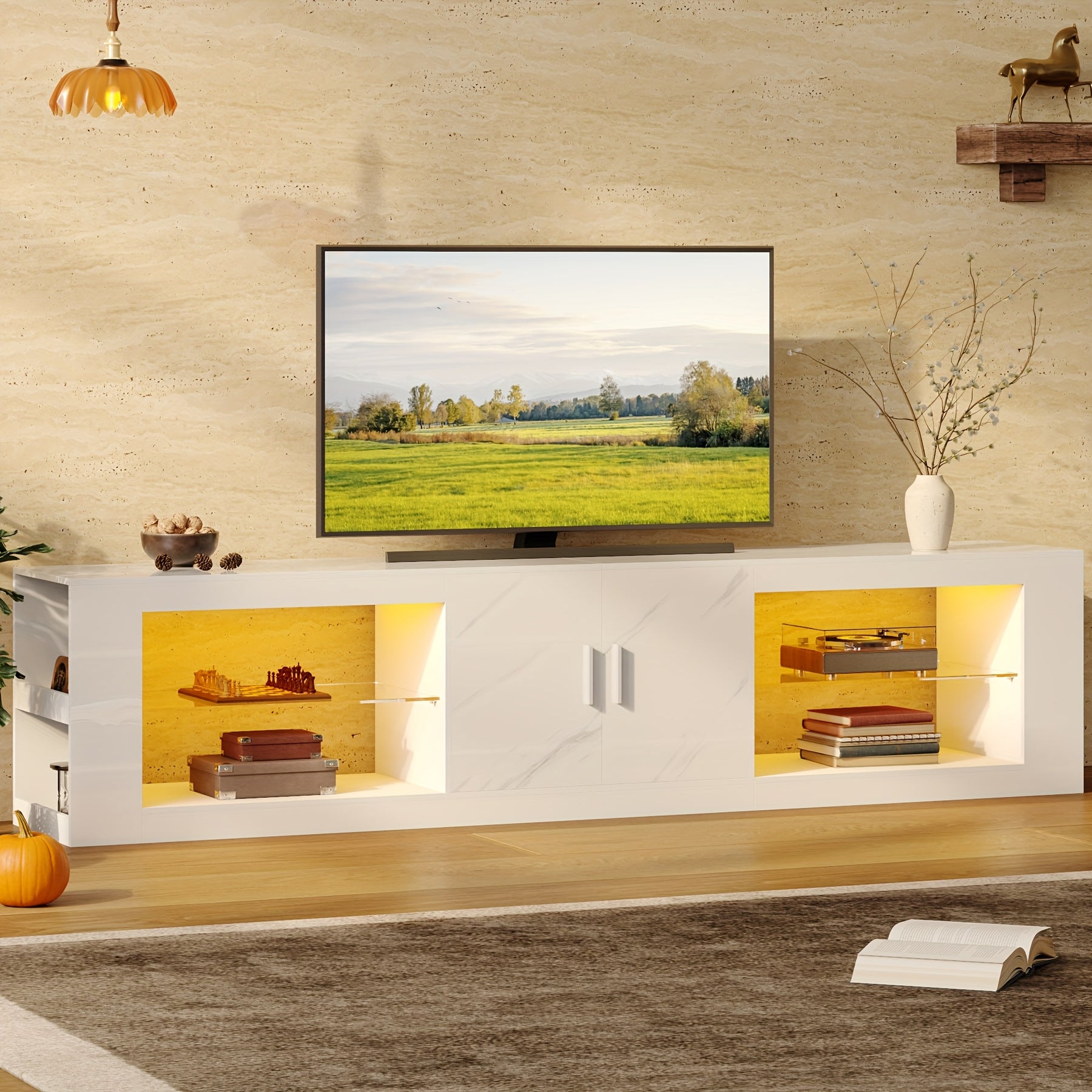 80"/71" Modern TV Stand with LED Lights - High-Gloss White/Black Marble Entertainment Center Suitable for 70/75/80/85 Inch TVs, Media Console with Open Shelves & Cabinets, Door Storage, Engineered Wood & Frame, Assembly, Living Room/Bedroom
