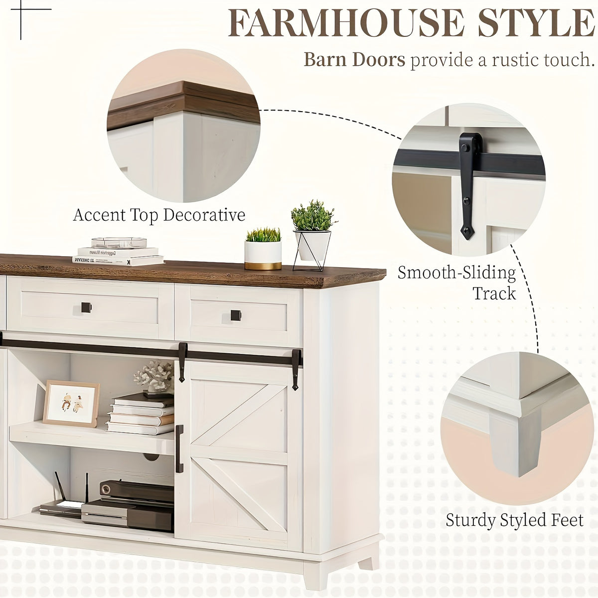 Farmhouse TV Stand with Sliding Barn Door & Drawer, 59" Rustic Entertainment Center for TVs up to 65", Buffet Storage Cabinet for Living Room, Bedroom, Dining Room, Barnwood+White