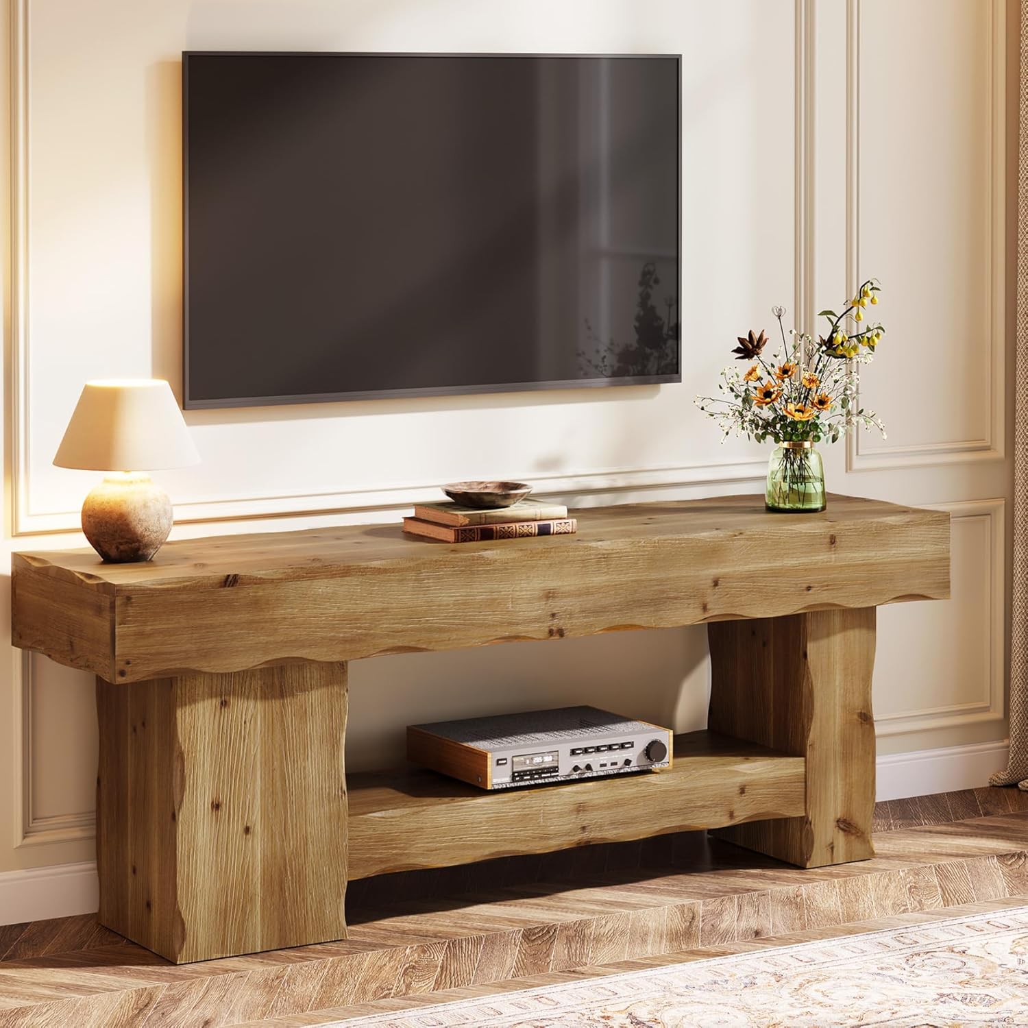 Solid Wood TV Stand for 65 70 75 Inch TV, Farmhouse Entertainment Center with Storage, Wooden TV Media Console Table for Living Room, Bedroom, Rustic Brown