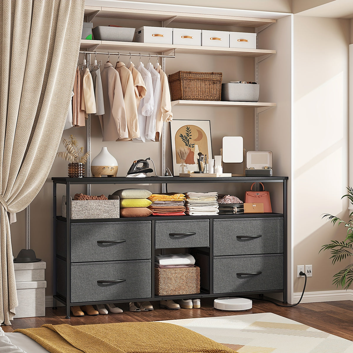 TV Stand Dresser With 5 Drawers, TV Stands Entertainment Center For 50 Inch Television, Media Console Table With Power Outlets And LED Lights, Office Lockers, Open Shelf, Living Room