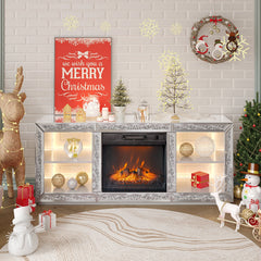 Silver Mirror Modern TV Stand with 18 Inch Fireplace Insert & Storage Shelves, Medium Density Fiberboard Fireplace TV Console for Living Room, 143 x 35 x 62 cm