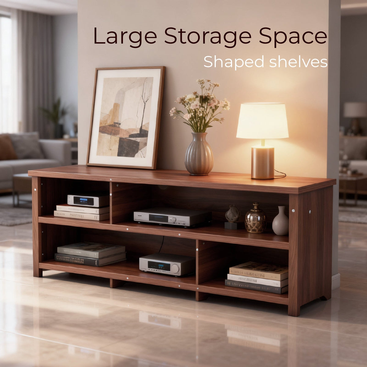 Dark Brown Particle Board TV Stand, 70.07"×15.75"×24.4" Double Layer Entertainment Center with Open Storage Shelves, Modern TV Console for Living Room & Bedroom