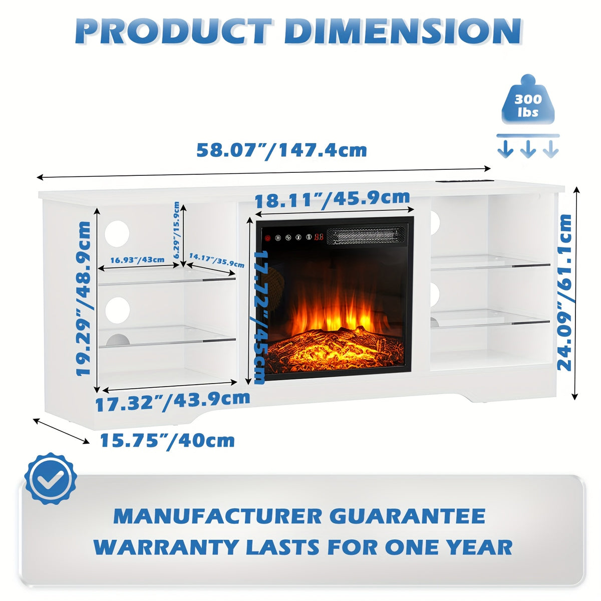 Fireplace TV Stand with 18-Inch Fireplace, Modern Entertainment Center for Tvs Up to 65 Inches, Media TV Console with Adjustable Glass Shelves And Storage Cabinets, Farmhouse TV Stand for Living Room
