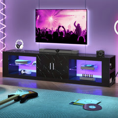 LED TV Stand for 55/60/65/70/75/80 Inch TV, Marble Pattern Gaming Entertainment Center with PS5, Xbox, Modern TV Cabinet with Storage And LED Lights, TV Console with Adjustable Glass Shelves for Living Room, Bedroom, White Or Black Marble