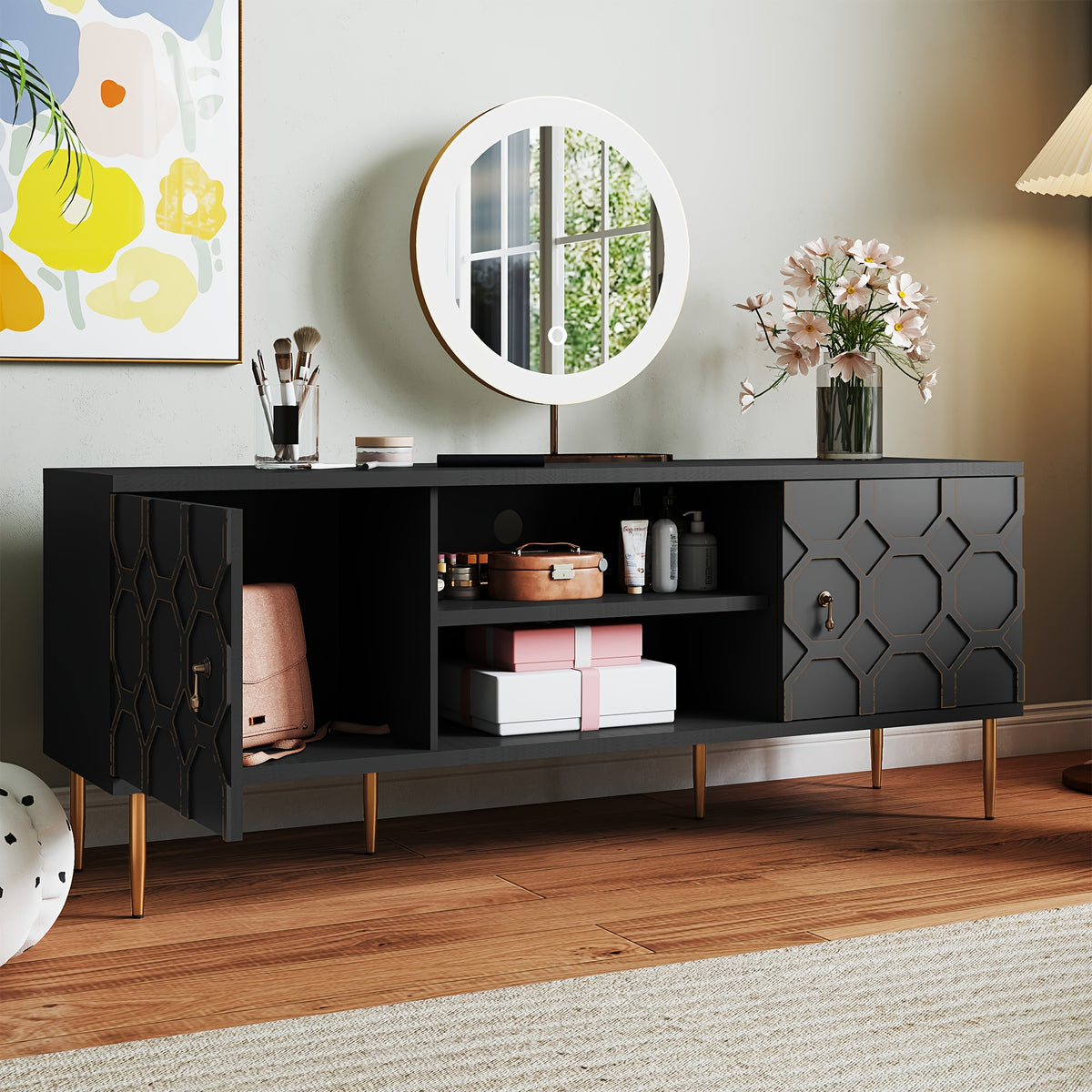 Modern TV Stand for 65/70inch TV, Entertainment Center with Storage Cabinet And Open Shelves, Embossed Pattern TV Stand, TV And Media Console for Living Room, Bedroom