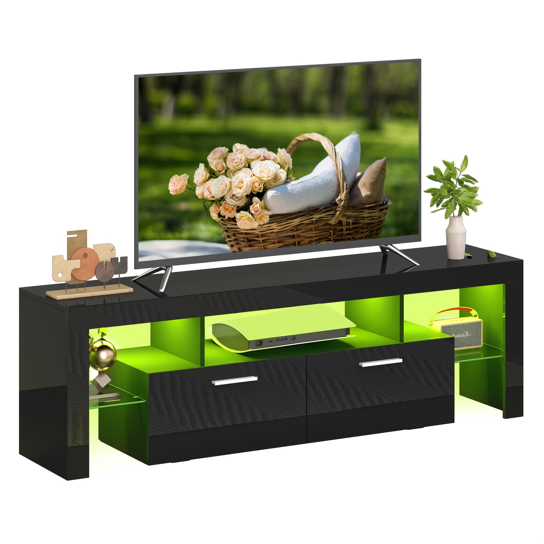 A Sleek LED TV Stand Designed for 55 to 80-Inch Televisions, Featuring a Universal Entertainment Center Equipped with Storage Drawers And LED Lighting. This Contemporary Media Console Is Suitable for Your Living Room, Game Room, Or Bedroom