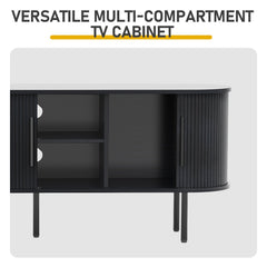 Black Embossed Particle Board TV Stand, Oval Tabletop 147×35×58cm, Entertainment Center with Slatted Sliding Doors, Modern Media Console Cabinet for Living Room