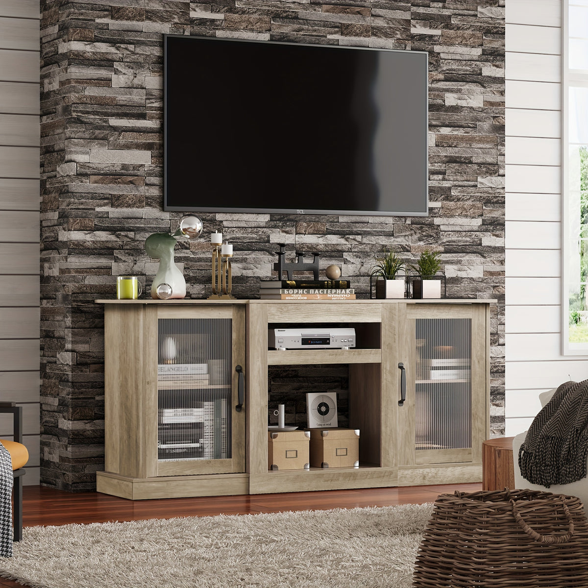 TV Stand For 65 Inch TV, Retro Entertainment Center With Storage And Open Shelves, TV Console For Living Room And Bedroom