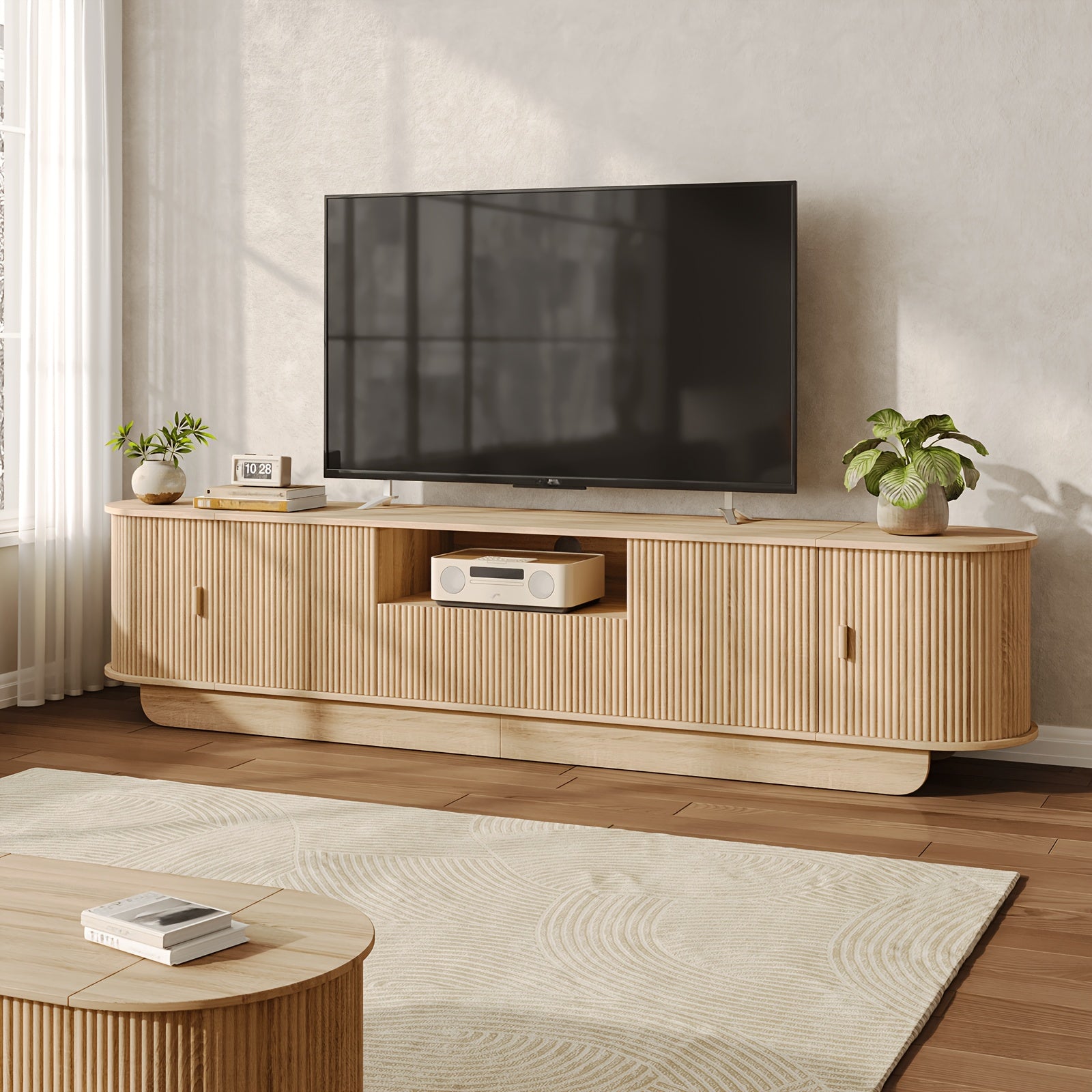 86.6" Curved TV Stand for 65/75/85 Inch Tvs, Media Console with Sliding Doors, Entertainment Center with Storage And Drawers, Mid-Century Modern TV Consoles for Living Room, Bedroom, White, Natural, Gray, Walnut
